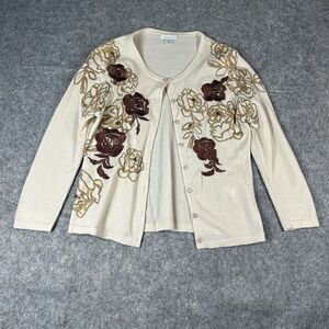 Garnet Hill Sweater Womens Medium Merino Wool Embroidered Floral Bedded Cardigan